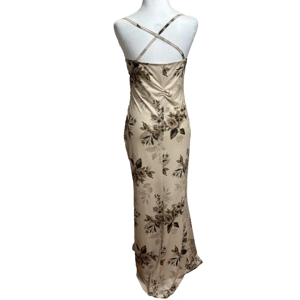 Beige Floral Satin Maxi Long Slip Dress Y2K Vtg-look Evening Glam Romantic Sz 6 - Picture 3 of 8